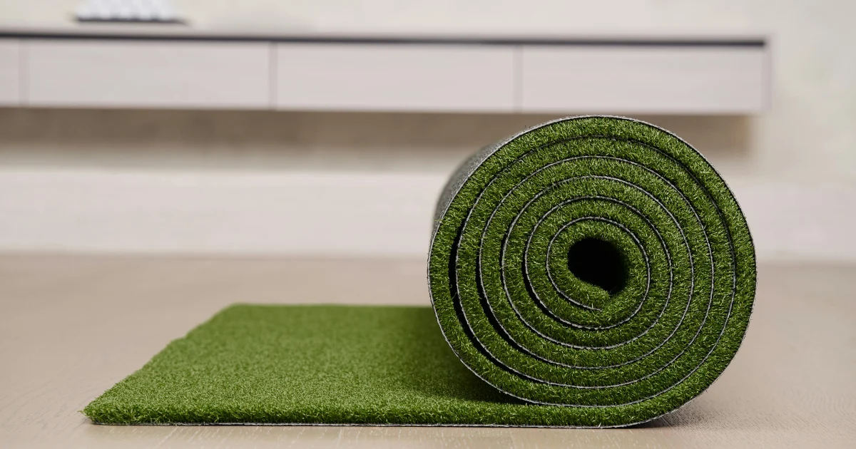 Rolled artificial grass mat on a wooden floor, with a section unrolled to reveal green turf surface.