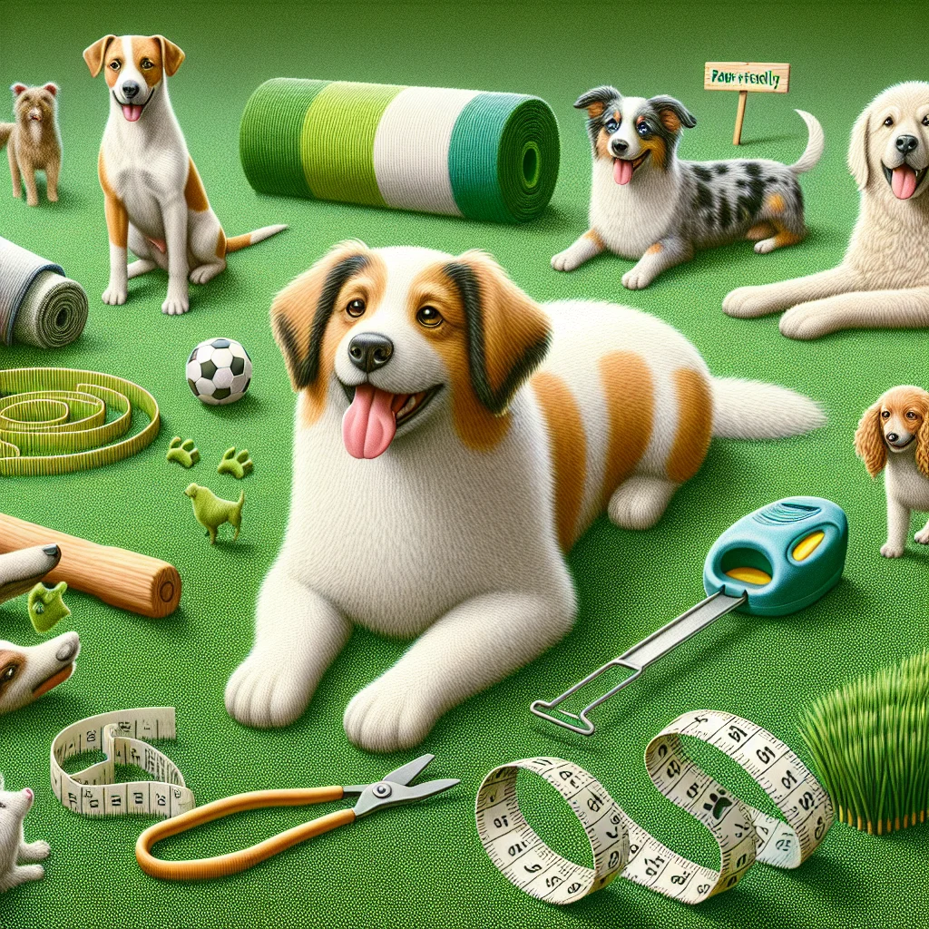 Dog surrounded by dog toys on turf